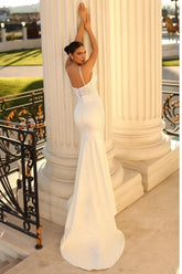 Simple spaghetti straps sleeveless mermaid satin wedding dress with lace